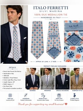 Italo Ferretti Silvi Marina Handmade Italy Silk Medallion Tie Blue Coral 58 X 3”